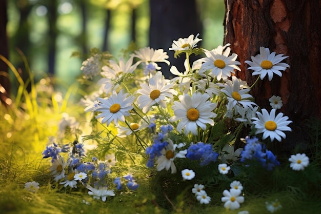 Summer flower bouquet of white and blue daisies in the forest on a sunny day