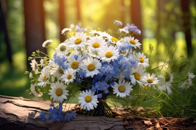 Summer flower bouquet of white and blue daisies in the forest on a sunny day