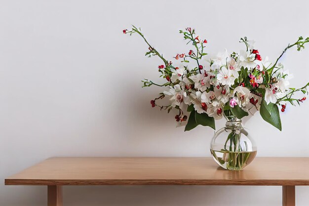 Summer flower bouquet of white flowers in round vase on wooden table on white background