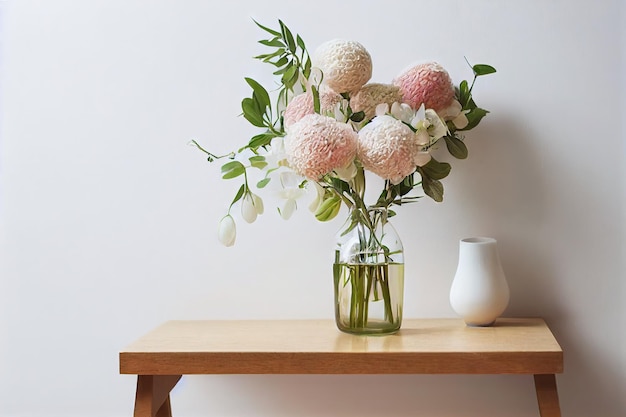 Summer flower bouquet with lush flowers in transparent jar on wooden table on white background