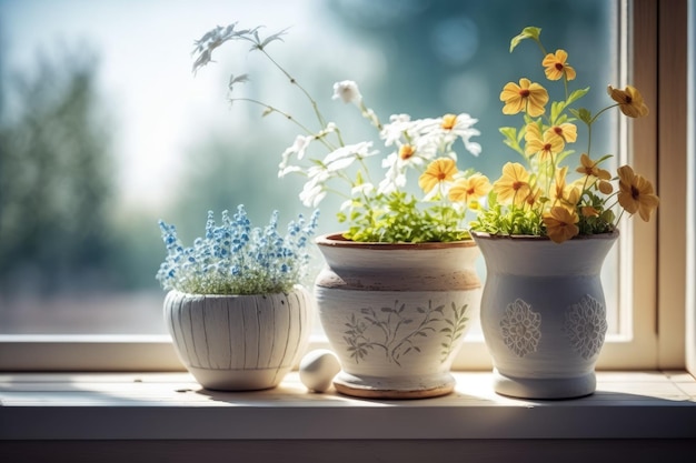 Summer flower pots on a wooden table in front of a blurred window