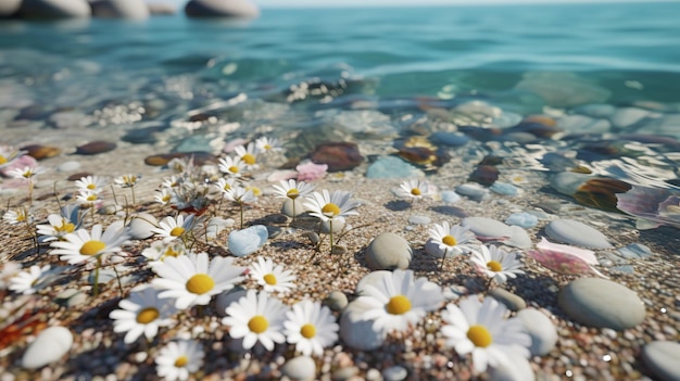 Summer flower sea beach on colorful background Colorful summer concept Travel background Summer resort print White and blue background Summer design Spring botanical webbanner