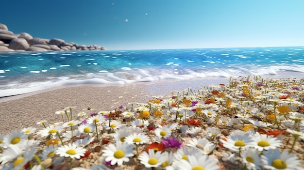 Summer flower sea beach on colorful background Colorful summer concept Travel background Summer resort print White and blue background Summer design Spring botanical webbanner