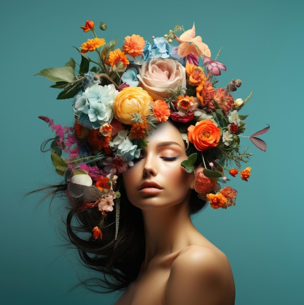 Summer flowers concept An assortment of colorful flowers on a woman's head