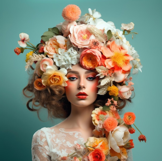 Summer flowers concept An assortment of colorful flowers on a woman's head