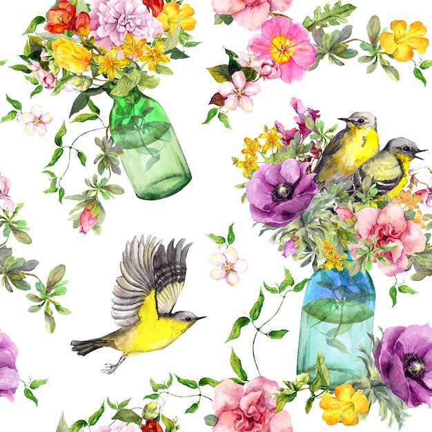 Summer flowers, glass bottles and flying bird. Seamless floral background. Watercolor