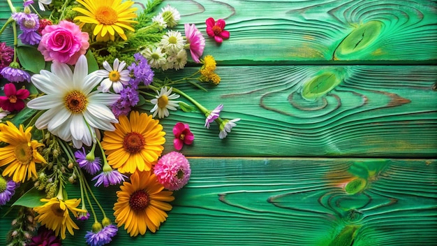 Photo the summer flowers on green wooden background