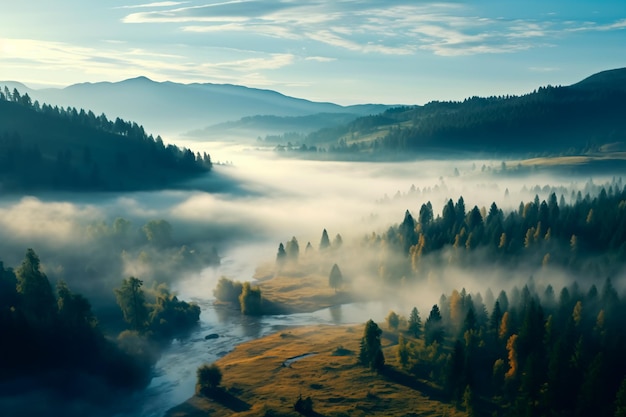 Summer foggy forest top view Green leaves of trees forest and mountains