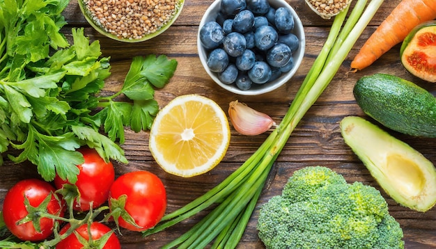 Photo summer food healthy diet vagetables on the wooden table top view