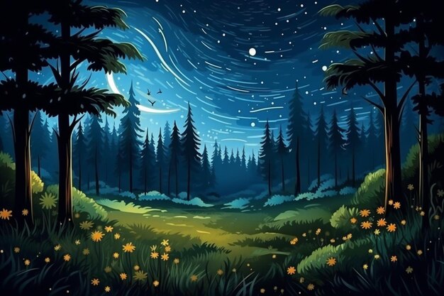 Summer forest glade with flying fireflies at night