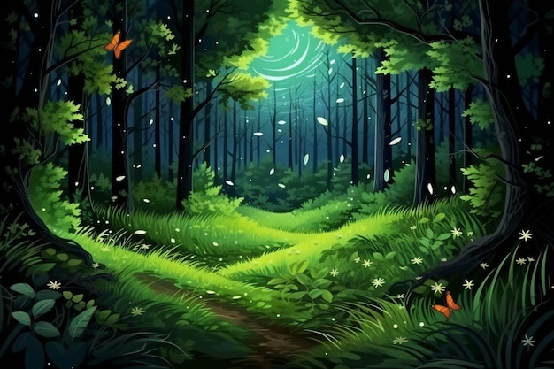 Summer forest glade with flying fireflies at night