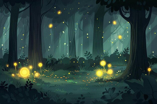 Summer forest glade with flying fireflies at night