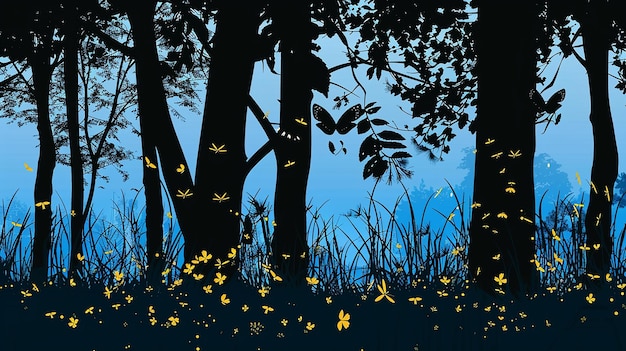 Photo summer forest silhouette with silhouettes of fireflies