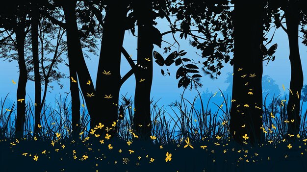 Photo summer forest silhouette with silhouettes of fireflies