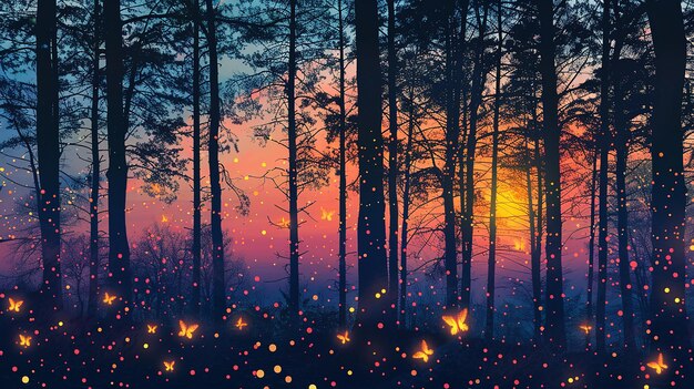 Photo summer forest silhouette with silhouettes of fireflies