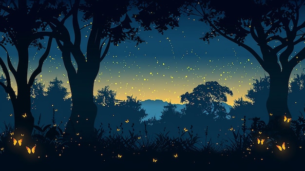 Summer forest silhouette with silhouettes of fireflies