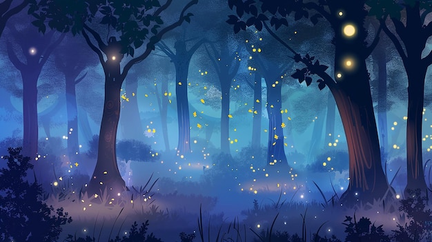 Summer forest silhouette with silhouettes of fireflies