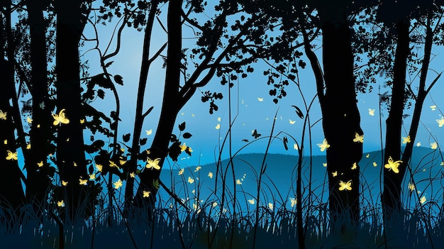 Summer forest silhouette with silhouettes of fireflies