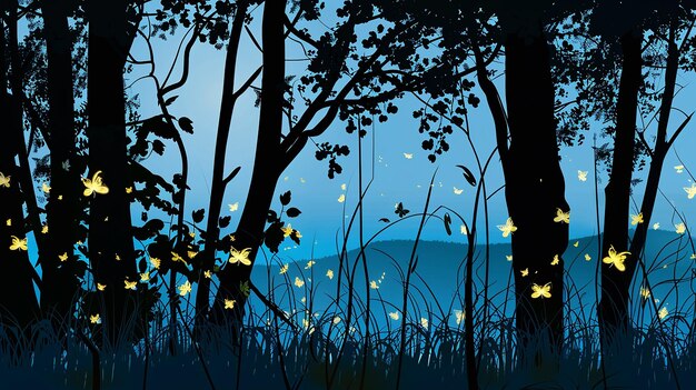 Photo summer forest silhouette with silhouettes of fireflies