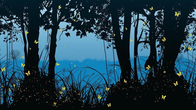 Photo summer forest silhouette with silhouettes of fireflies