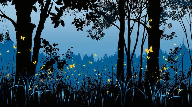 Photo summer forest silhouette with silhouettes of fireflies