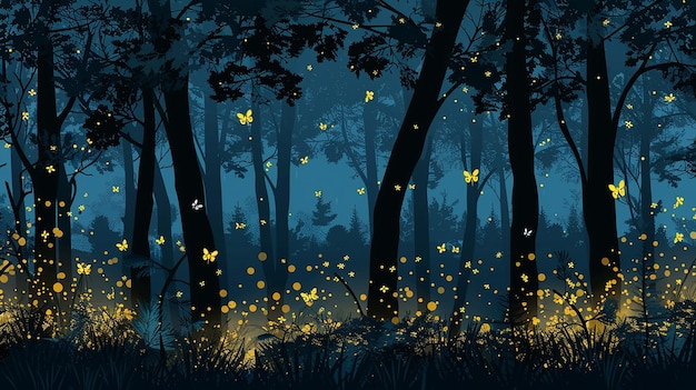 Photo summer forest silhouette with silhouettes of fireflies