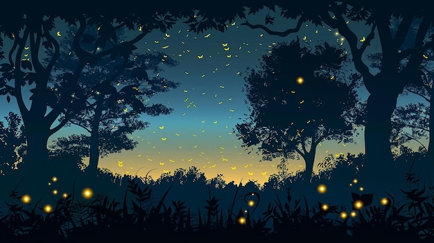 Summer forest silhouette with silhouettes of fireflies