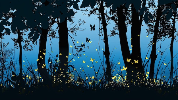 Photo summer forest silhouette with silhouettes of fireflies