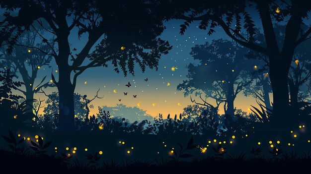 Photo summer forest silhouette with silhouettes of fireflies