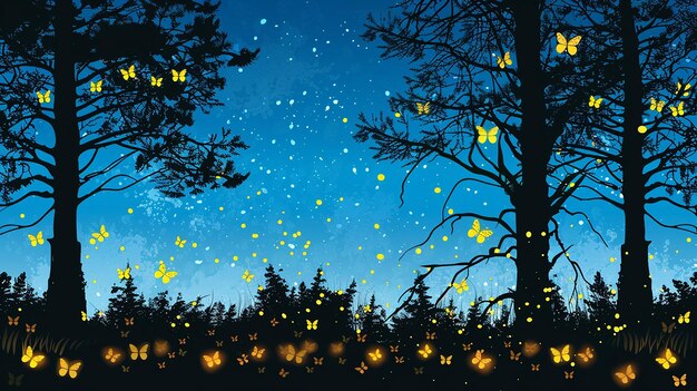 Summer forest silhouette with silhouettes of fireflies