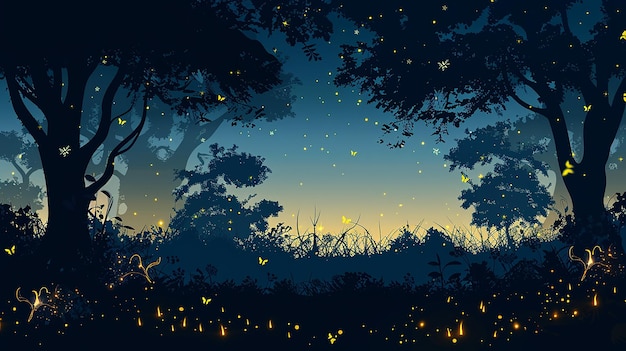 Photo summer forest silhouette with silhouettes of fireflies