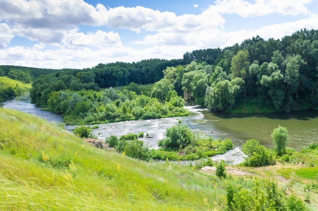 Summer fresh landscape of rocks and Kurapovo river in Lipetsk region