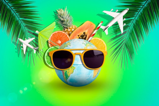 Summer fruits and travel vacation background Tropical juicy fruits pineapple citrus and palm branche