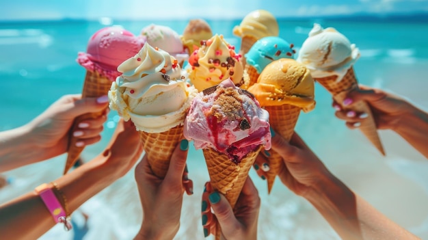 Summer Fun with Ice Cream Friends in Circle with Colorful Cones on Beach Under Bright Sky