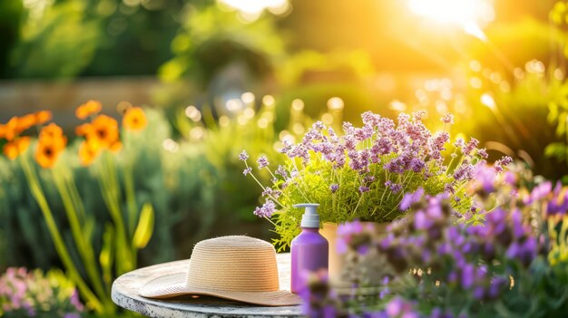 Photo summer garden scene with sun hat lavender and sunlight for seasonal and relaxation themes