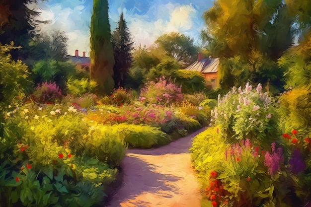 Summer garden in the style of impressionism painting Illustration AI Generativ