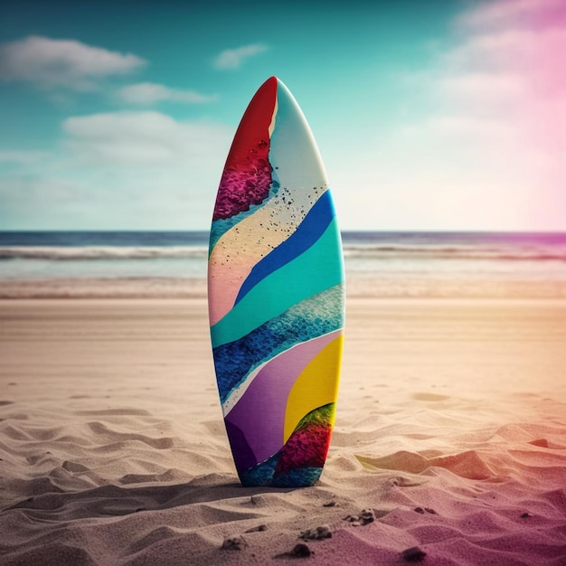 Summer Getaway An Empty Beach with Waves and a Colorful Surfboard Perfect for a Seafront Vacation Generative AI