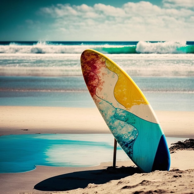 Summer Getaway An Empty Beach with Waves and a Colorful Surfboard Perfect for a Seafront Vacation Generative AI