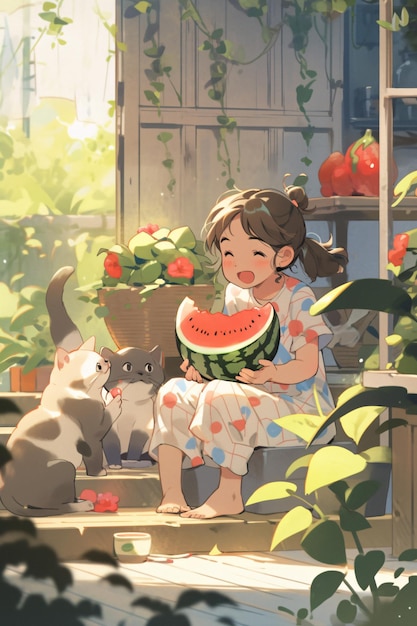 summer girl eating watermelon outdoors refreshing summer illustration