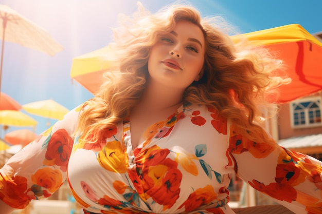 Summer Girl in a trendy colorful outfit on the seaside