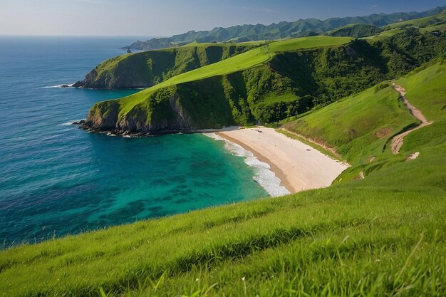 Summer green hill beside the beach with green lawn