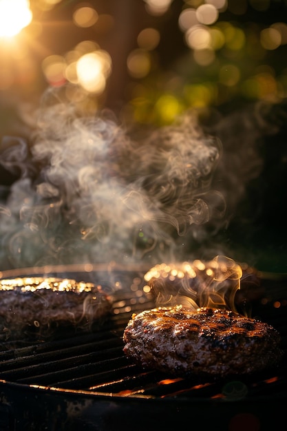 Summer grilling burgers cooking on a BBQ grill smoke