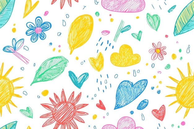 Summer hand drawn colorful crayon seamless pattern Leaves flowers sun clouds doodle