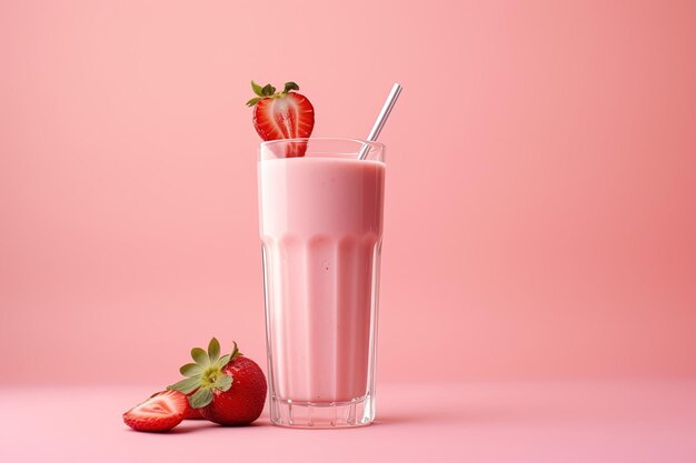 Summer healthy drink glasses of strawberry milk smoothie fresh strawberries on pink background