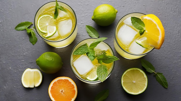 Summer healthy lemonade cocktails of citrus infused water or mojitos with lime lemon orange ice and