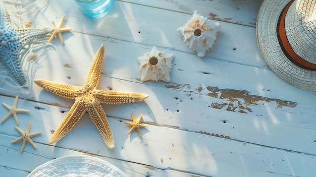 Summer holiday background Beach accessories on white wood table Vacation and travel Generative AI