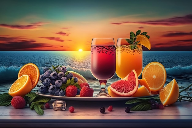 Summer holiday background with two cocktail glasses on tropical beach sunset background generative ai