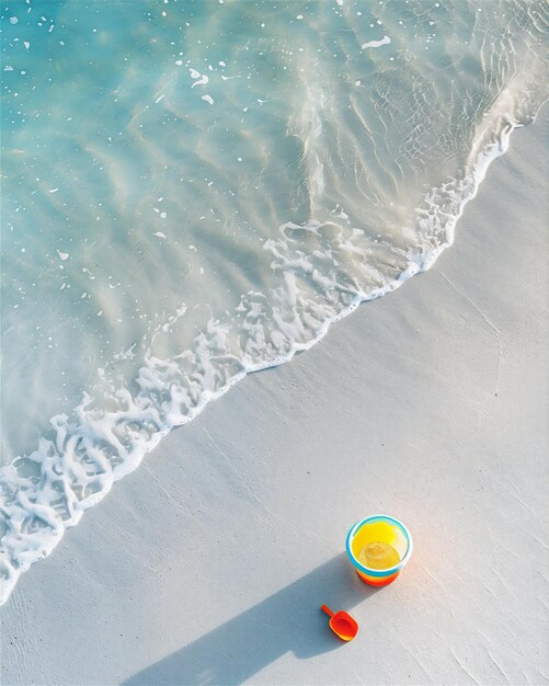 Summer holiday illustration with beach and plastic bucket and shovel toys in aerial view