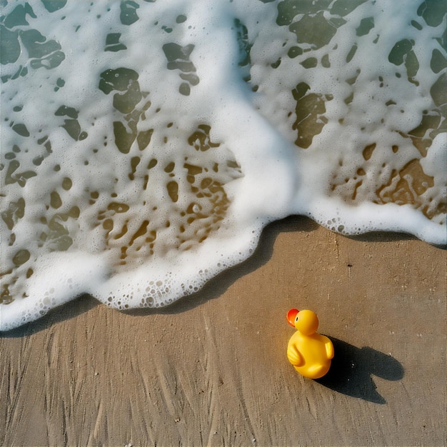 Summer holiday illustration with beach and rubber duck toys in aerial view