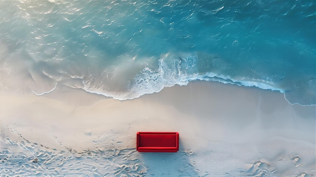 Summer holiday illustration with a red couch on a beach with the ocean in the background